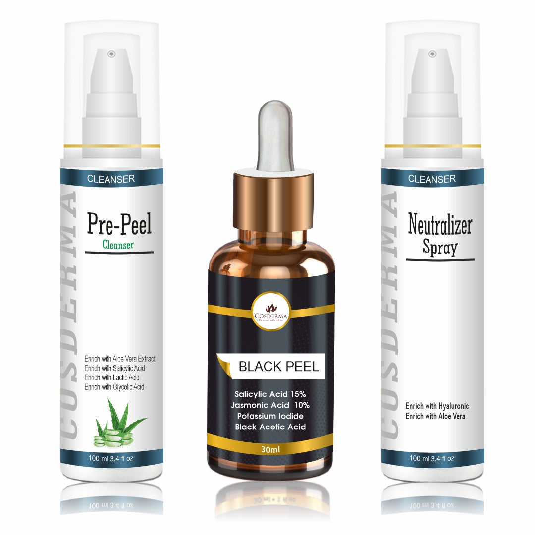 Cosderma Black Peel Combo – Pre Peel Cleanser, Black Gel Peel & Neutralizer Spray for Acne, Pigmentation & Skin Rejuvenation