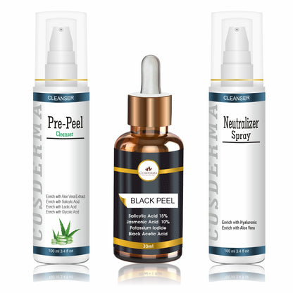 Cosderma Black Peel Combo – Pre Peel Cleanser, Black Gel Peel & Neutralizer Spray for Acne, Pigmentation & Skin Rejuvenation