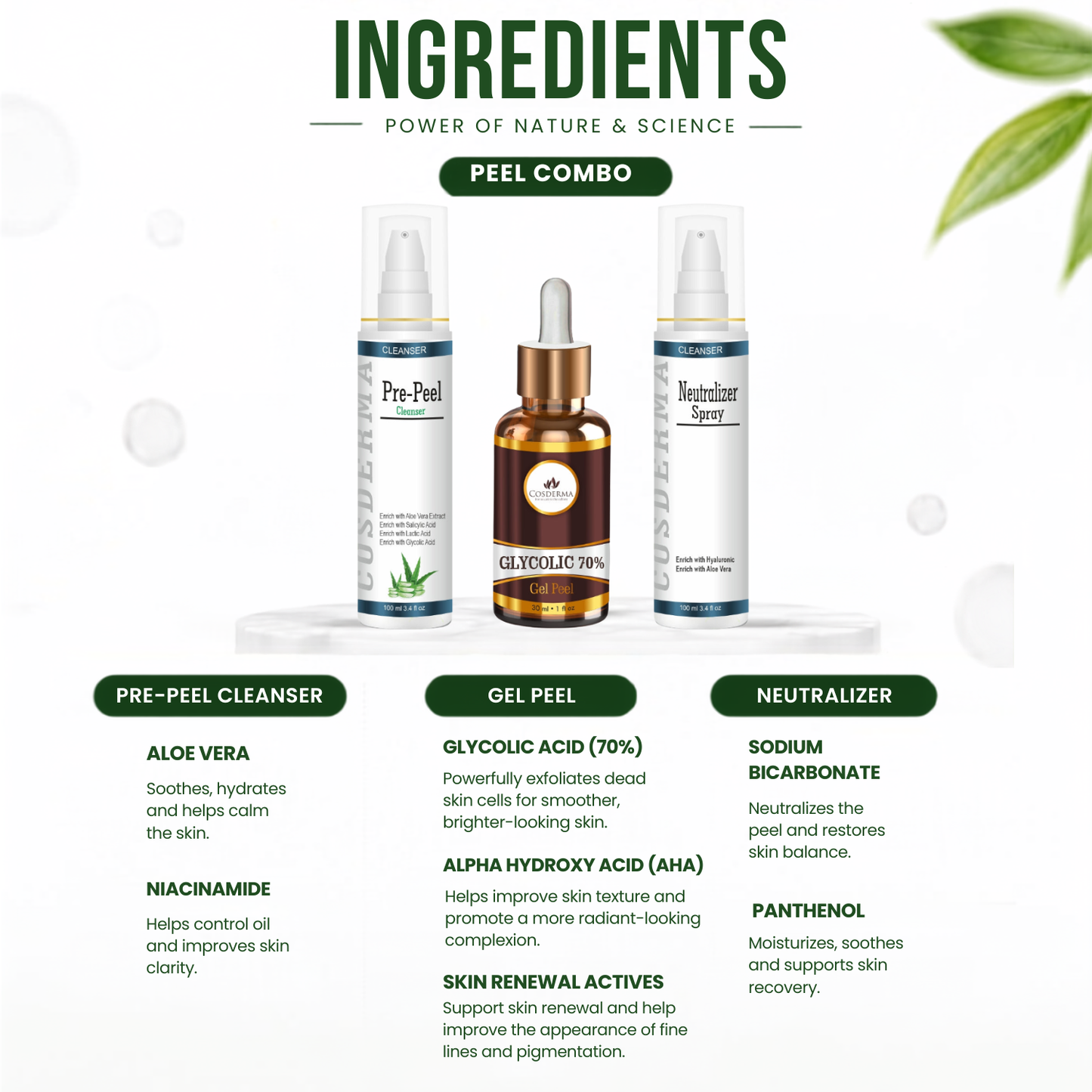 Cosderma Glycolic 70% Peel Combo – Pre Peel Cleanser, Glycolic Gel Peel & Neutralizer Spray for Advanced Exfoliation, Acne & Pigmentation