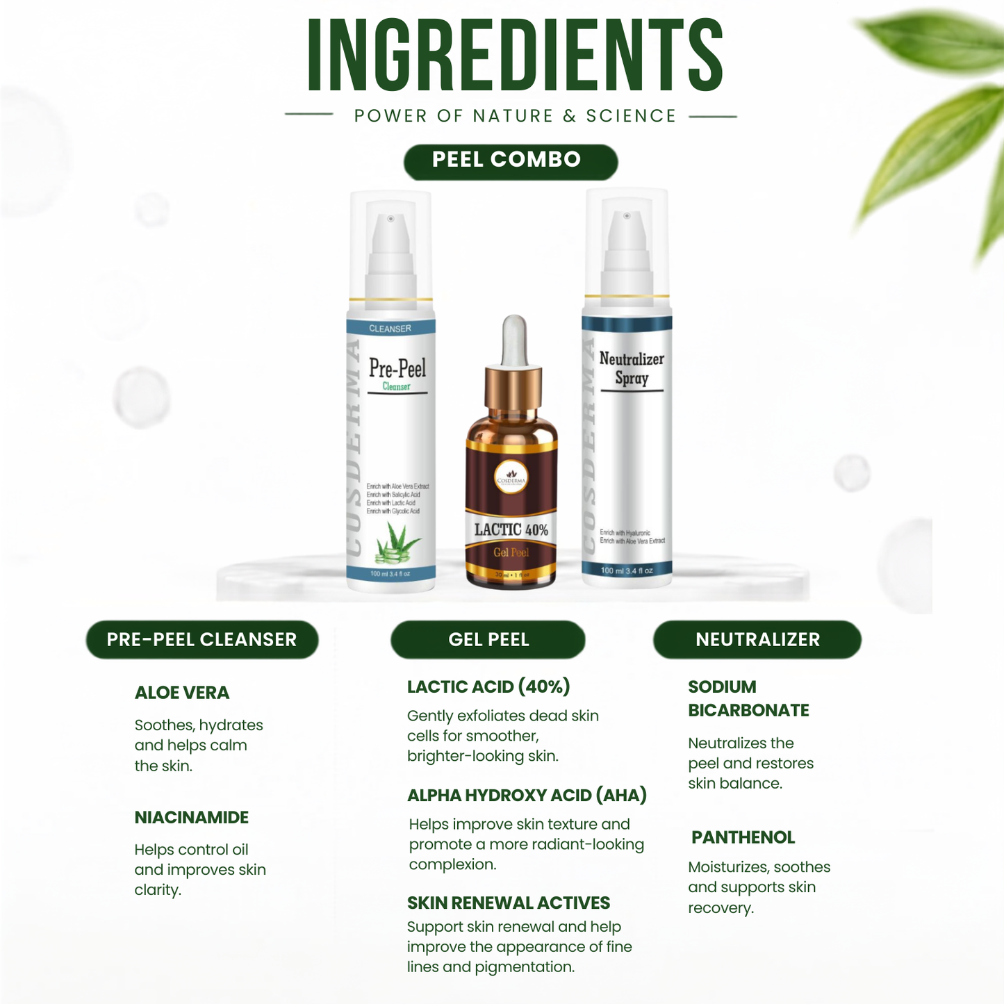Cosderma Lactic 40% Peel Combo – Pre Peel Cleanser, Lactic Gel Peel & Neutralizer Spray for Pigmentation, Dullness & Skin Rejuvenation