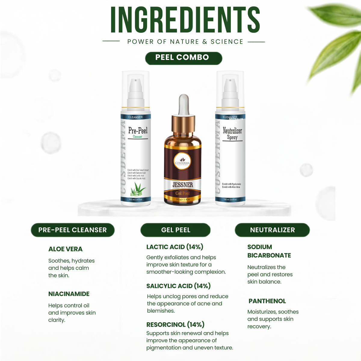 Cosderma Jessnar Peel Combo – Pre Peel Cleanser, Jessnar Gel Peel & Neutralizer Spray for Acne, Pigmentation & Skin Renewal