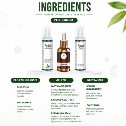 Cosderma Jessnar Peel Combo – Pre Peel Cleanser, Jessnar Gel Peel & Neutralizer Spray for Acne, Pigmentation & Skin Renewal