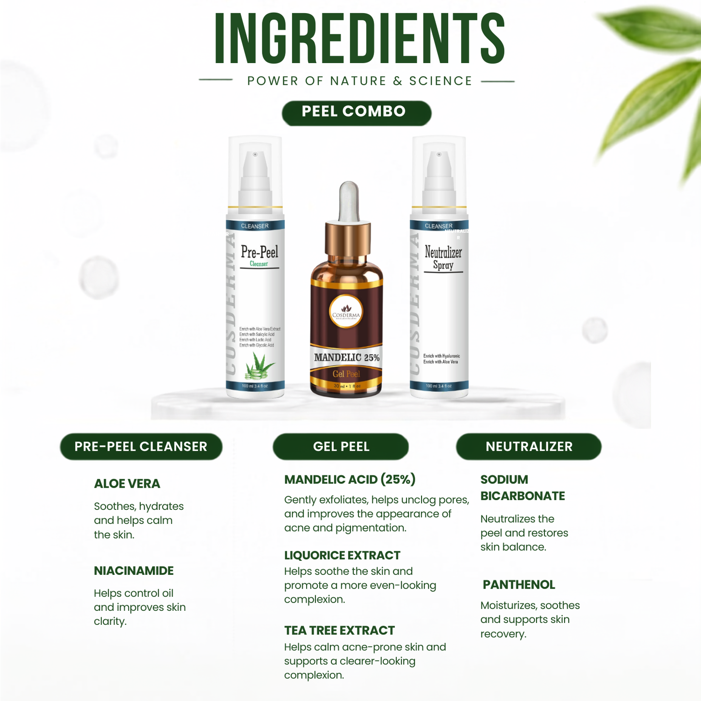 Cosderma Mandelic Peel Combo – Pre Peel Cleanser, Mandelic 25% Gel Peel & Neutralizer Spray for Acne, Pigmentation & Skin Brightening