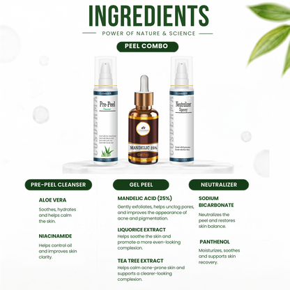 Cosderma Mandelic Peel Combo – Pre Peel Cleanser, Mandelic 25% Gel Peel & Neutralizer Spray for Acne, Pigmentation & Skin Brightening