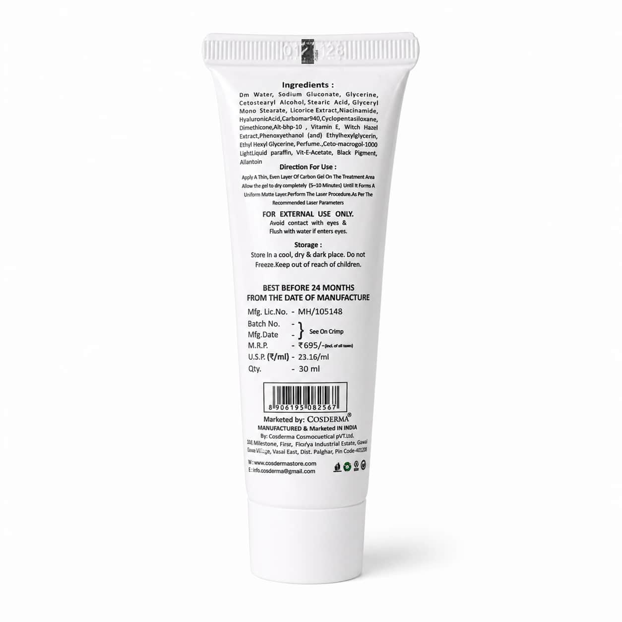 Back view of a white cosmetic tube with text on a white background