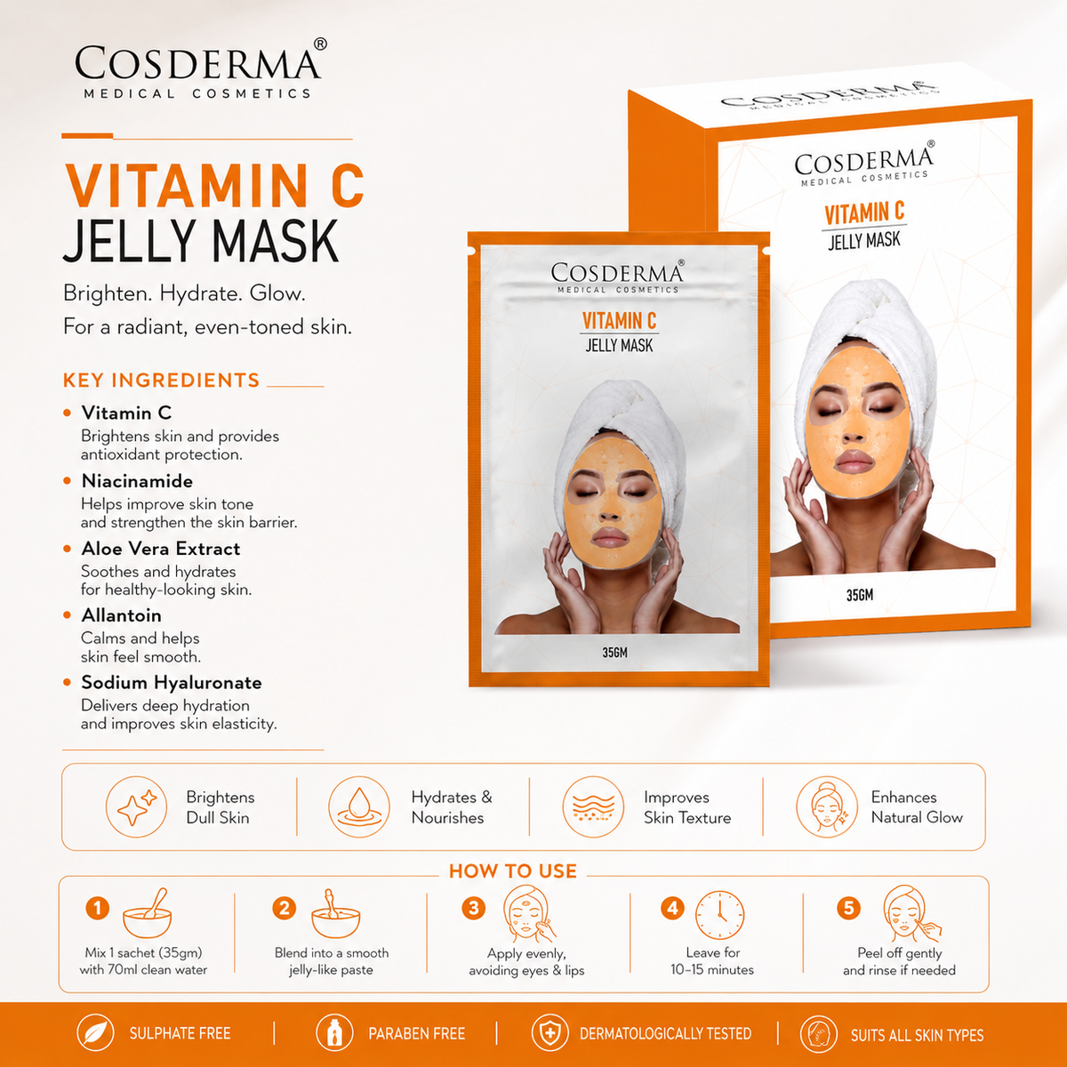 Cosderma Vitamin C Jelly Mask (10 x 35gm) – Brightening, Anti-Pigmentation & Glow Peel-Off Facial Mask