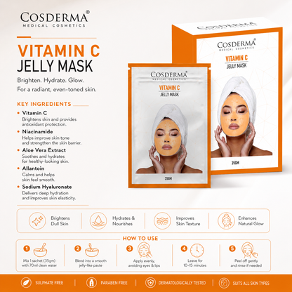 Cosderma Vitamin C Jelly Mask (10 x 35gm) – Brightening, Anti-Pigmentation & Glow Peel-Off Facial Mask