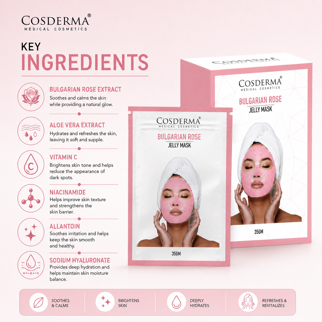 Cosderma Bulgarian Rose Jelly Mask (10 x 35gm) – Soothing, Brightening & Hydrating Peel-Off Facial Mask