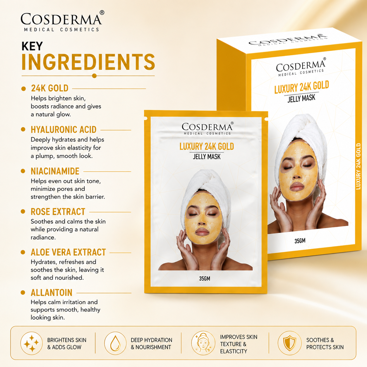 Cosderma Luxury 24K Gold Jelly Mask (10 x 35gm) – Brightening, Firming & Anti-Aging Peel-Off Facial Mask