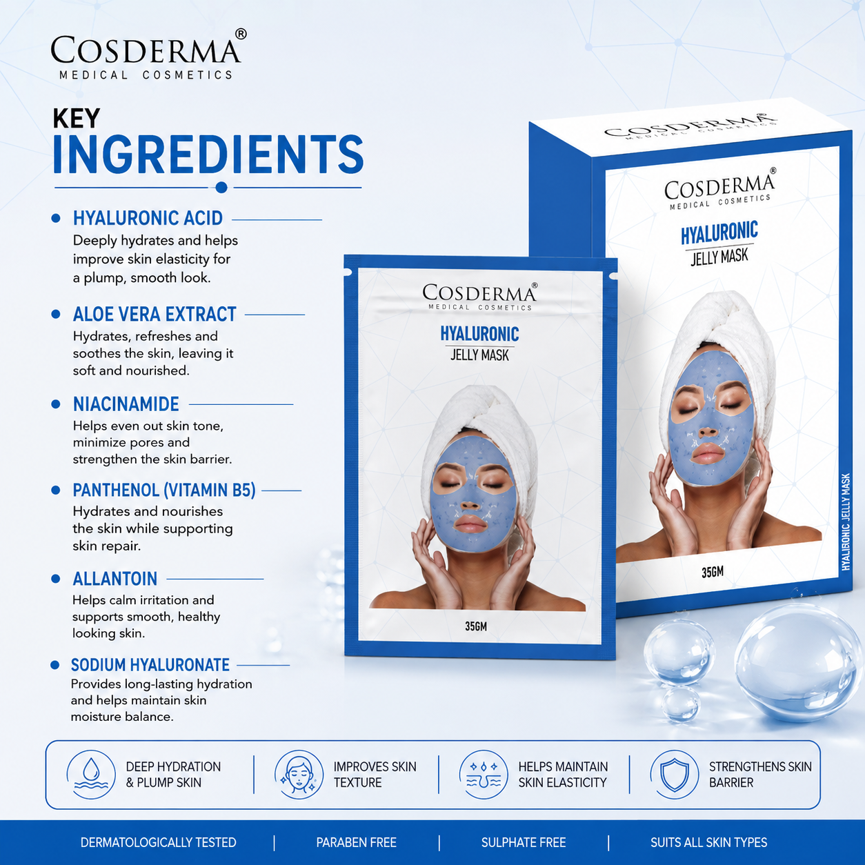 Cosderma Hyaluronic Acid Jelly Mask (10 x 35gm) – Deep Hydration & Skin Plumping Peel-Off Facial Mask