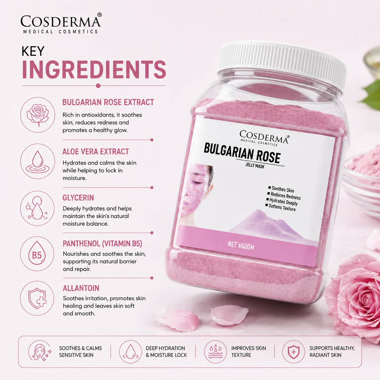 Cosderma Bulgarian Rose Jelly Mask – Soothing, Hydrating & Redness-Reducing Face Pack (650gm)