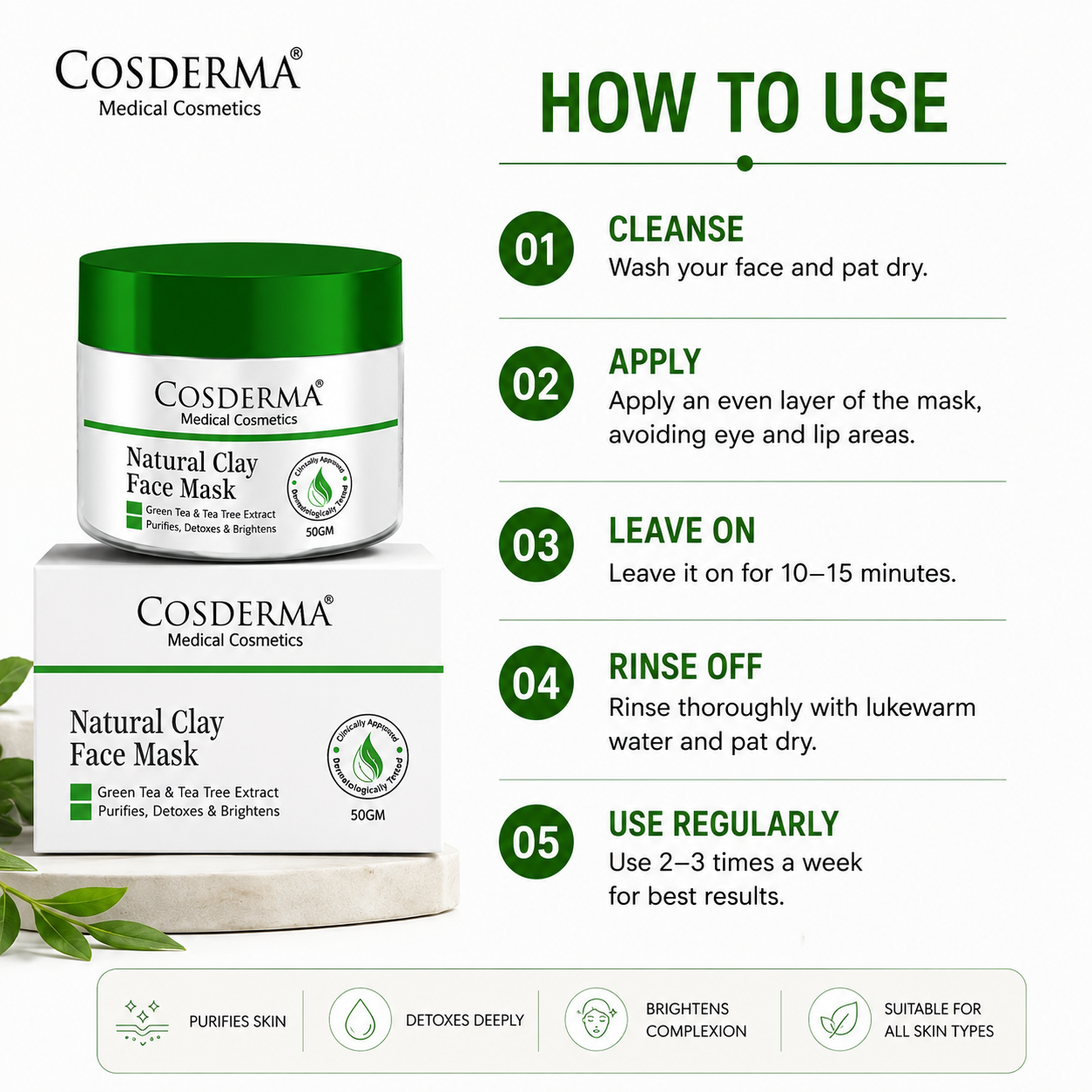 Cosderma Natural Clay Acne Face Mask - Green Tea & Tea Tree Formula | Purify & Detoxify