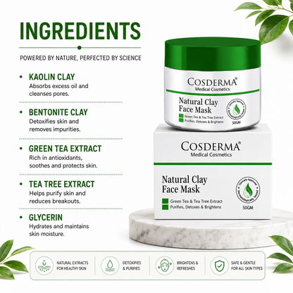 Cosderma Natural Clay Acne Face Mask - Green Tea & Tea Tree Formula | Purify & Detoxify