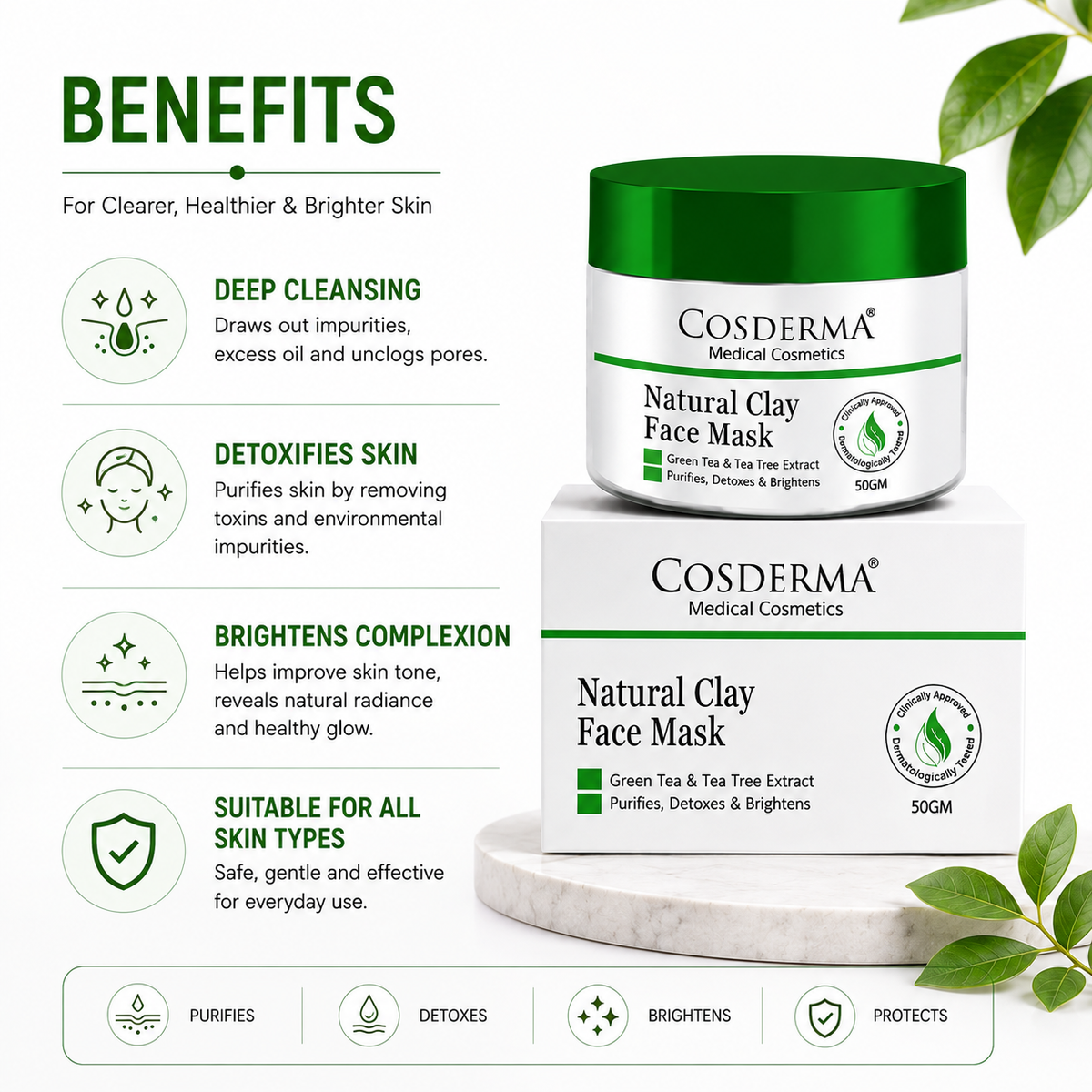 Cosderma Natural Clay Acne Face Mask - Green Tea & Tea Tree Formula | Purify & Detoxify