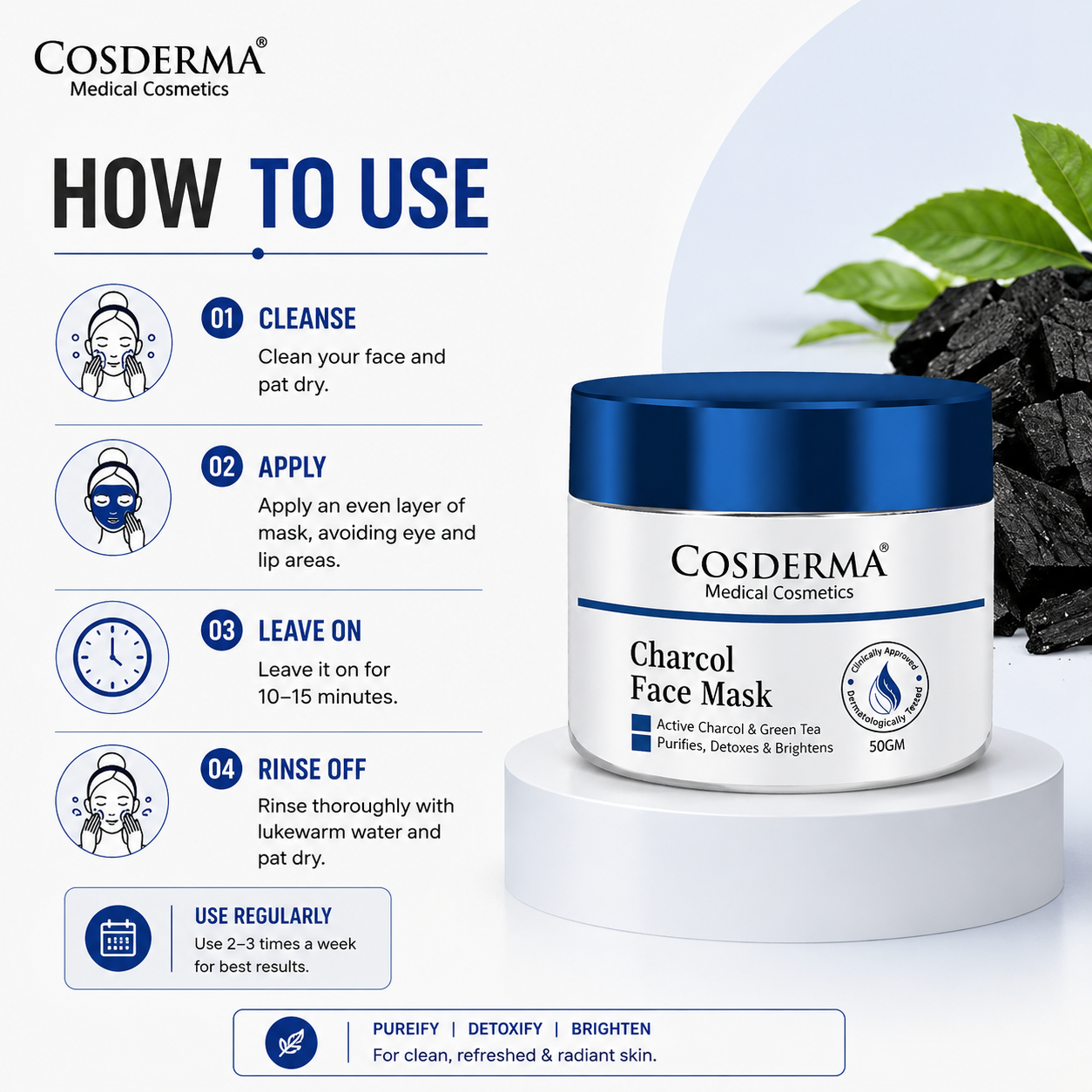 Cosderma Charcoal Face Mask with Green Tea Purifies and Detoxifies the Skin, Preventing Blackheads and Reducing Hyperpigmentation