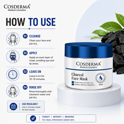 Cosderma Charcoal Face Mask with Green Tea Purifies and Detoxifies the Skin, Preventing Blackheads and Reducing Hyperpigmentation