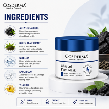 Cosderma Charcoal Face Mask with Green Tea Purifies and Detoxifies the Skin, Preventing Blackheads and Reducing Hyperpigmentation