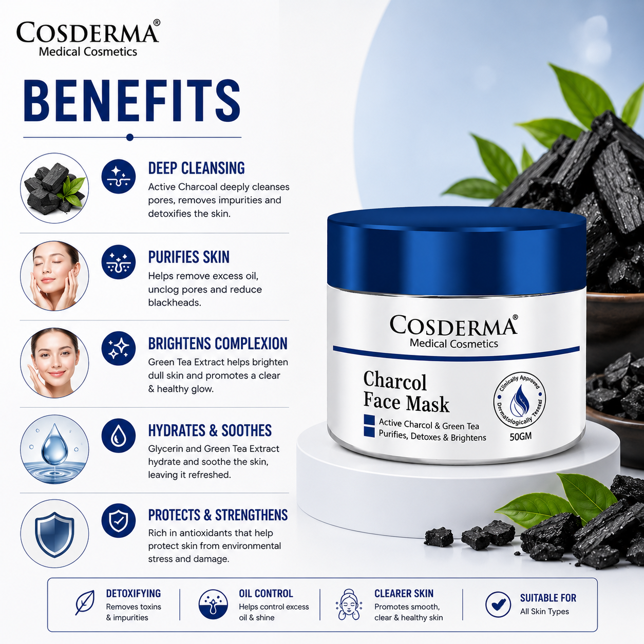 Cosderma Charcoal Face Mask with Green Tea Purifies and Detoxifies the Skin, Preventing Blackheads and Reducing Hyperpigmentation