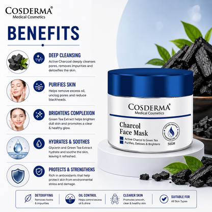 Cosderma Charcoal Face Mask with Green Tea Purifies and Detoxifies the Skin, Preventing Blackheads and Reducing Hyperpigmentation
