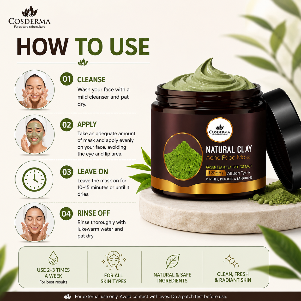 Cosderma Natural Clay Acne Face Mask with Green Tea & Tea Tree Extract - Purify & Detoxify