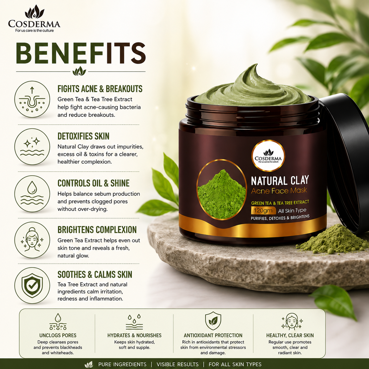 Cosderma Natural Clay Acne Face Mask with Green Tea & Tea Tree Extract - Purify & Detoxify