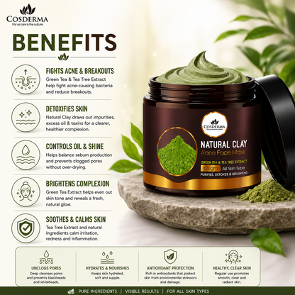 Cosderma Natural Clay Acne Face Mask with Green Tea & Tea Tree Extract - Purify & Detoxify