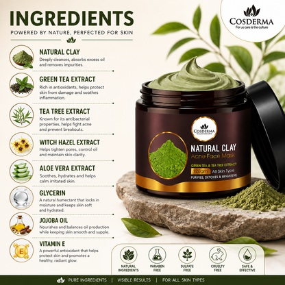 Cosderma Natural Clay Acne Face Mask with Green Tea & Tea Tree Extract - Purify & Detoxify