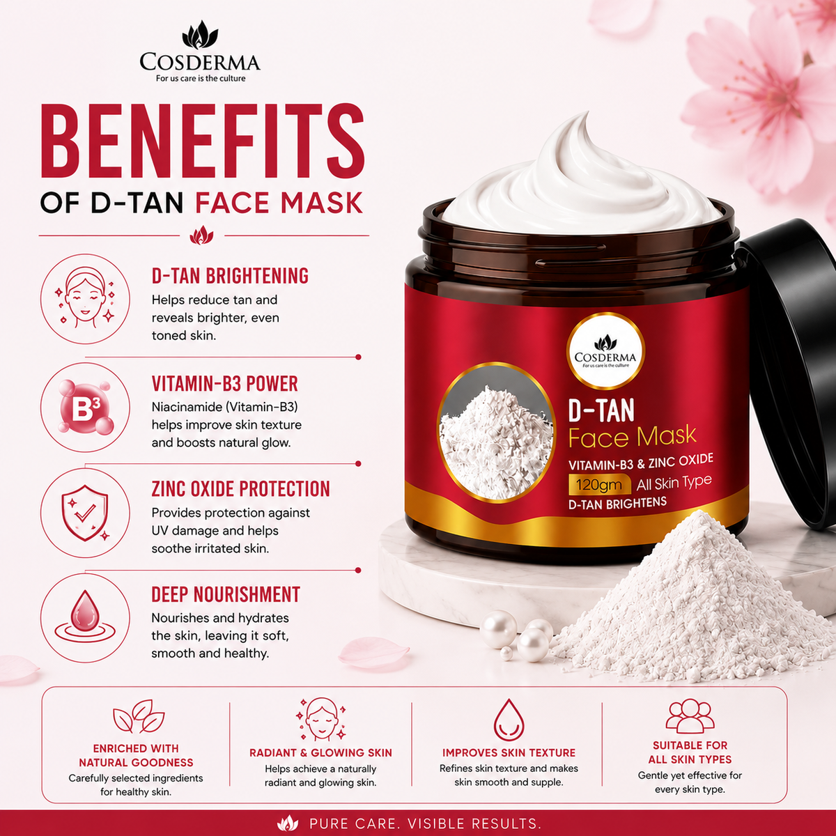 Cosderma Tan Removal Face Mask with Vitamin C, Lemon Extract & Niacinamide - 120gm