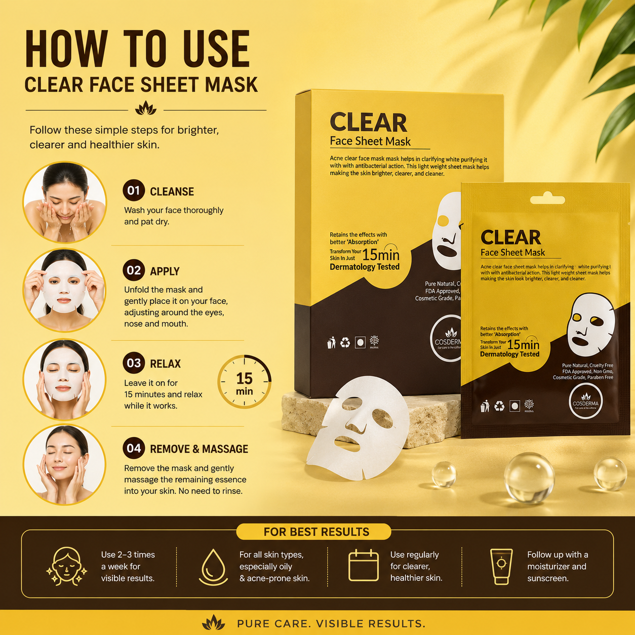 Cosderma Clear Face Sheet Mask - Acne Treatment & Oil Control (Pack of 10)