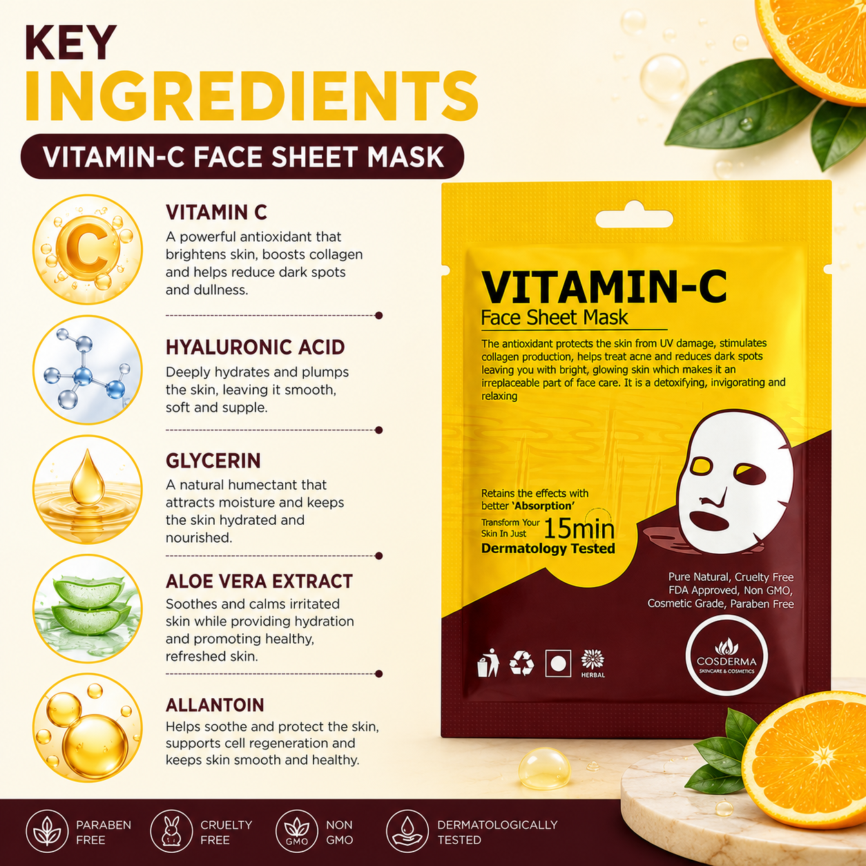 Cosderma Vitamin-C Face Sheet Mask | Hydrating & Brightening (Pack of 10)