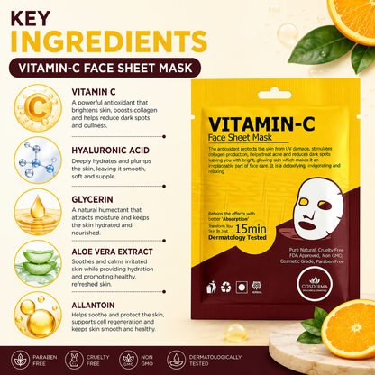 Cosderma Vitamin-C Face Sheet Mask | Hydrating & Brightening (Pack of 10)