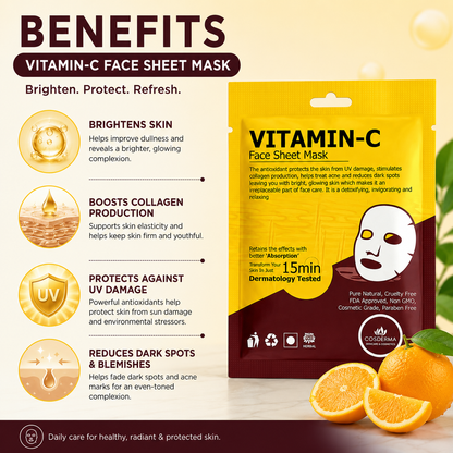 Cosderma Vitamin-C Face Sheet Mask | Hydrating & Brightening (Pack of 10)