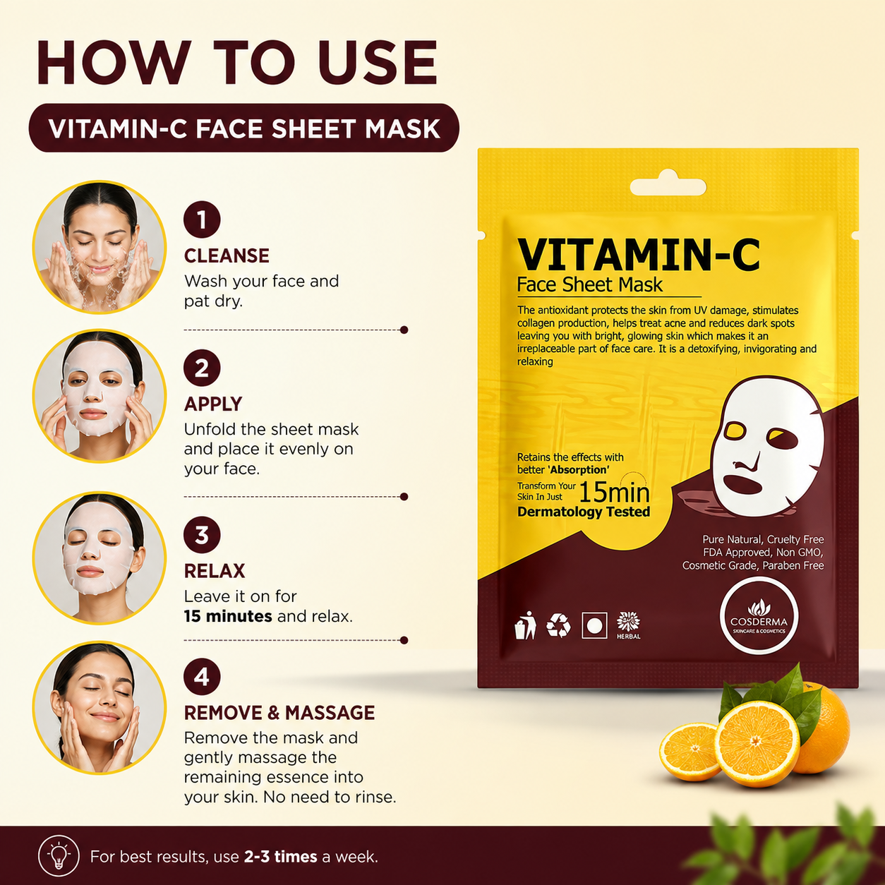 Cosderma Vitamin-C Face Sheet Mask | Hydrating & Brightening (Pack of 10)