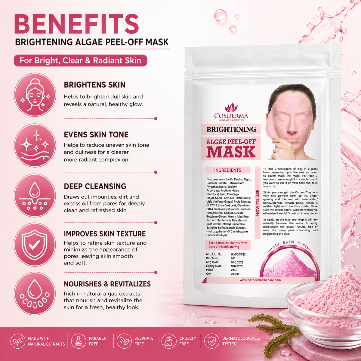 Cosderma Brightening Algae Peel-Off Face Mask - Instant Skin Whitening and Glow