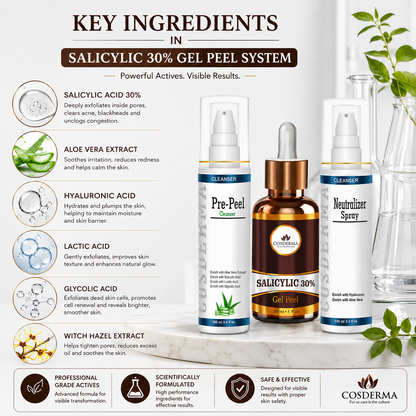Cosderma Salicylic 30% Peel Combo – Pre Peel Cleanser, Salicylic Gel Peel & Neutralizer Spray for Acne, Oily Skin & Pigmentation