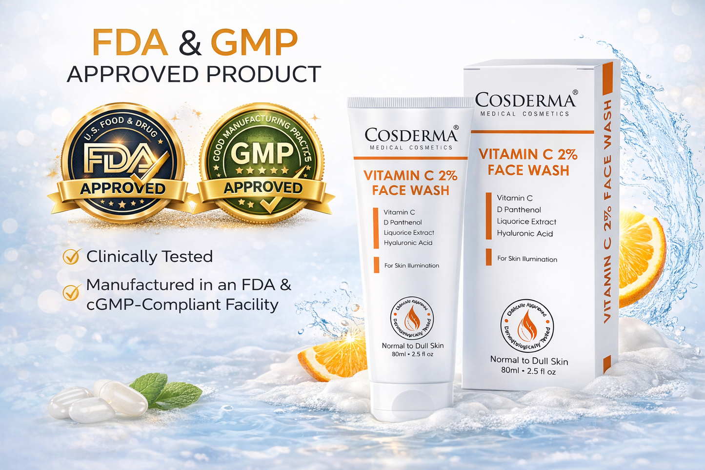 Cosderma Vitamin C 2% Face Wash – Brightening Cleanser with D-Panthenol, Licorice Extract & Hyaluronic Acid for Radiant, Glowing Skin