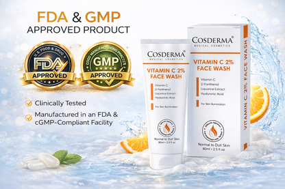 Cosderma Vitamin C 2% Face Wash – Brightening Cleanser with D-Panthenol, Licorice Extract & Hyaluronic Acid for Radiant, Glowing Skin