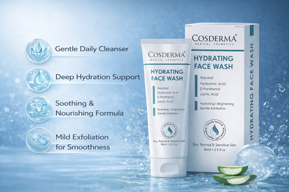 Cosderma Hydrating Face Wash – Gentle Cleanser with Aquaxyl, Hyaluronic Acid, D-Panthenol & Lactic Acid for Deep Moisturization & Soft, Supple Skin