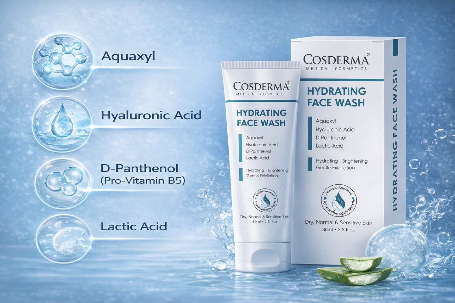 Cosderma Hydrating Face Wash – Gentle Cleanser with Aquaxyl, Hyaluronic Acid, D-Panthenol & Lactic Acid for Deep Moisturization & Soft, Supple Skin