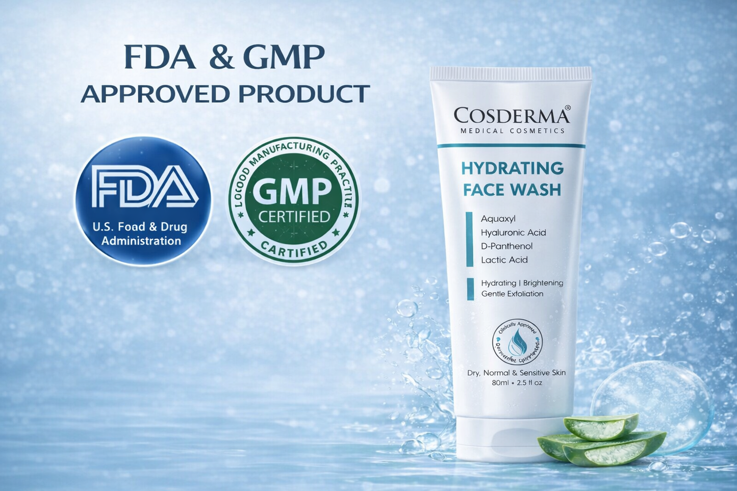 Cosderma Hydrating Face Wash – Gentle Cleanser with Aquaxyl, Hyaluronic Acid, D-Panthenol & Lactic Acid for Deep Moisturization & Soft, Supple Skin