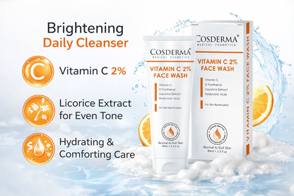 Cosderma Vitamin C 2% Face Wash – Brightening Cleanser with D-Panthenol, Licorice Extract & Hyaluronic Acid for Radiant, Glowing Skin