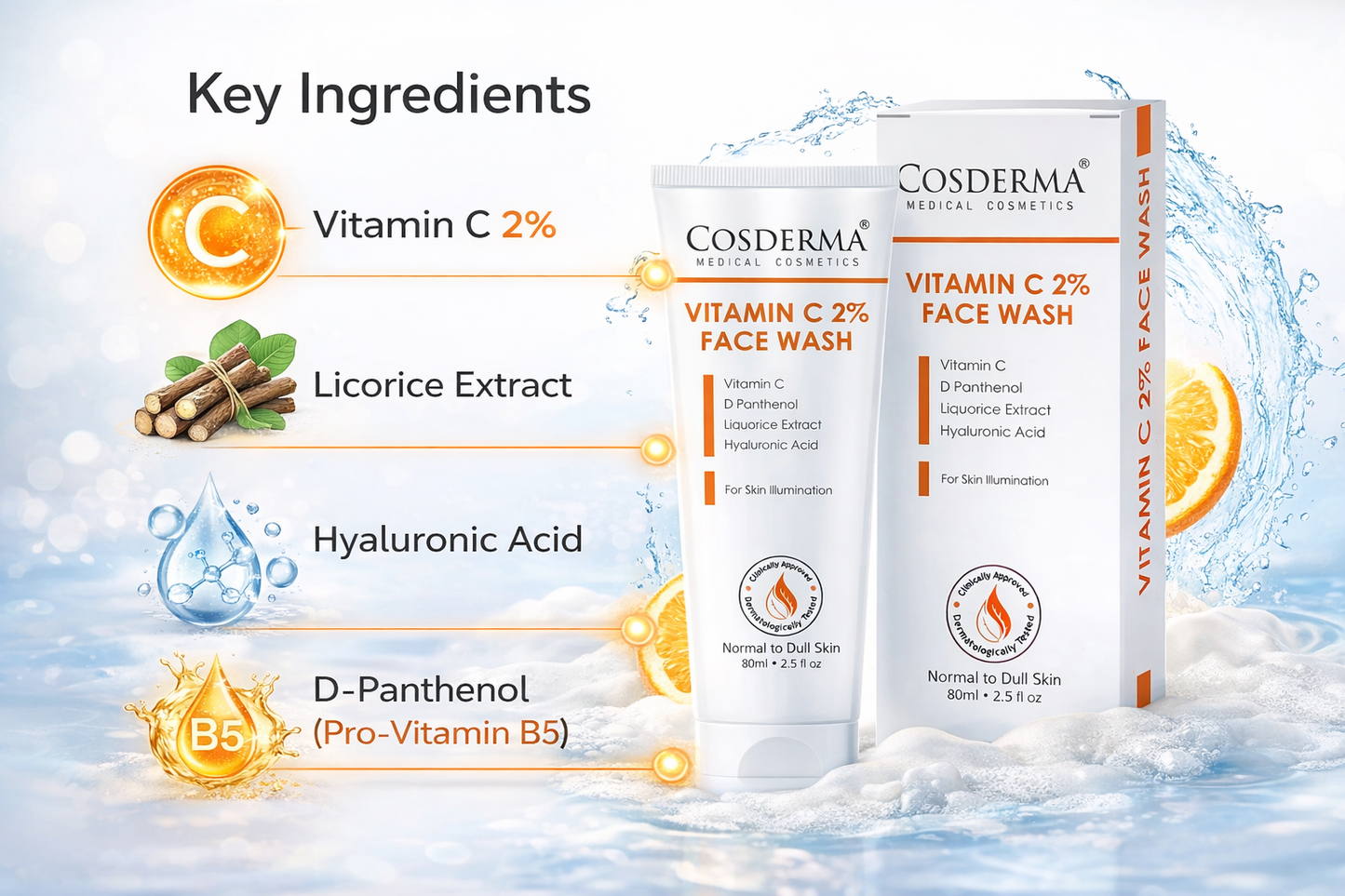 Cosderma Vitamin C 2% Face Wash – Brightening Cleanser with D-Panthenol, Licorice Extract & Hyaluronic Acid for Radiant, Glowing Skin