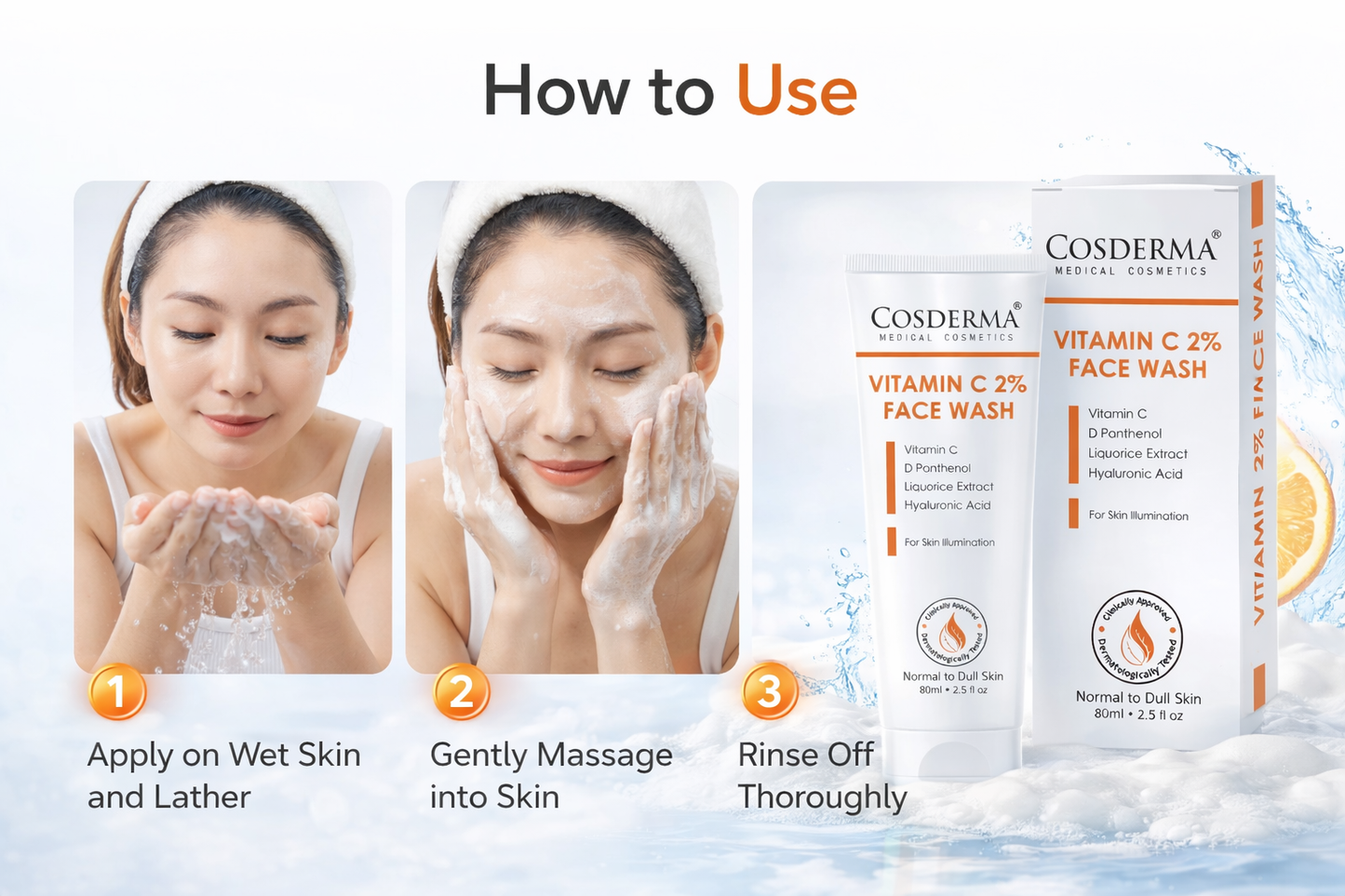 Cosderma Vitamin C 2% Face Wash – Brightening Cleanser with D-Panthenol, Licorice Extract & Hyaluronic Acid for Radiant, Glowing Skin