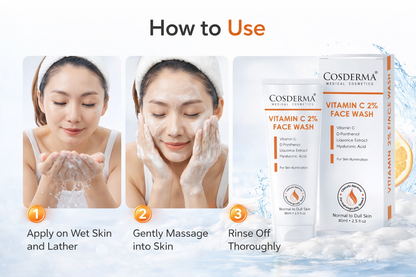 Cosderma Vitamin C 2% Face Wash – Brightening Cleanser with D-Panthenol, Licorice Extract & Hyaluronic Acid for Radiant, Glowing Skin
