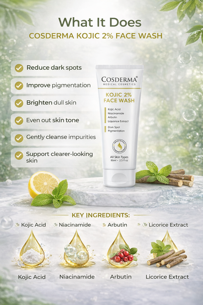Cosderma Kojic 2% Face Wash – Brightening Cleanser with Kojic Acid, Niacinamide, Arbutin & Liquorice Extract for Pigmentation, Tan & Uneven Skin Tone