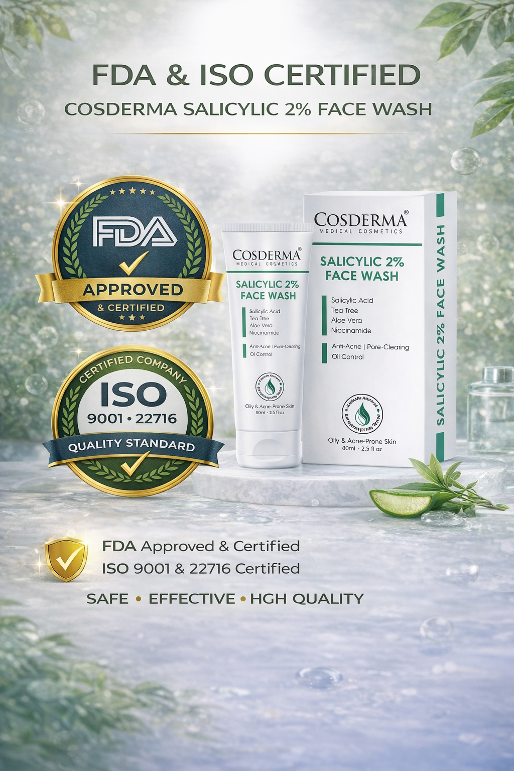 Cosderma Salicylic 2% Face Wash – Deep Cleansing Anti-Acne Face Wash with Tea Tree, Aloe Vera & Niacinamide for Clear, Oil-Free Skin