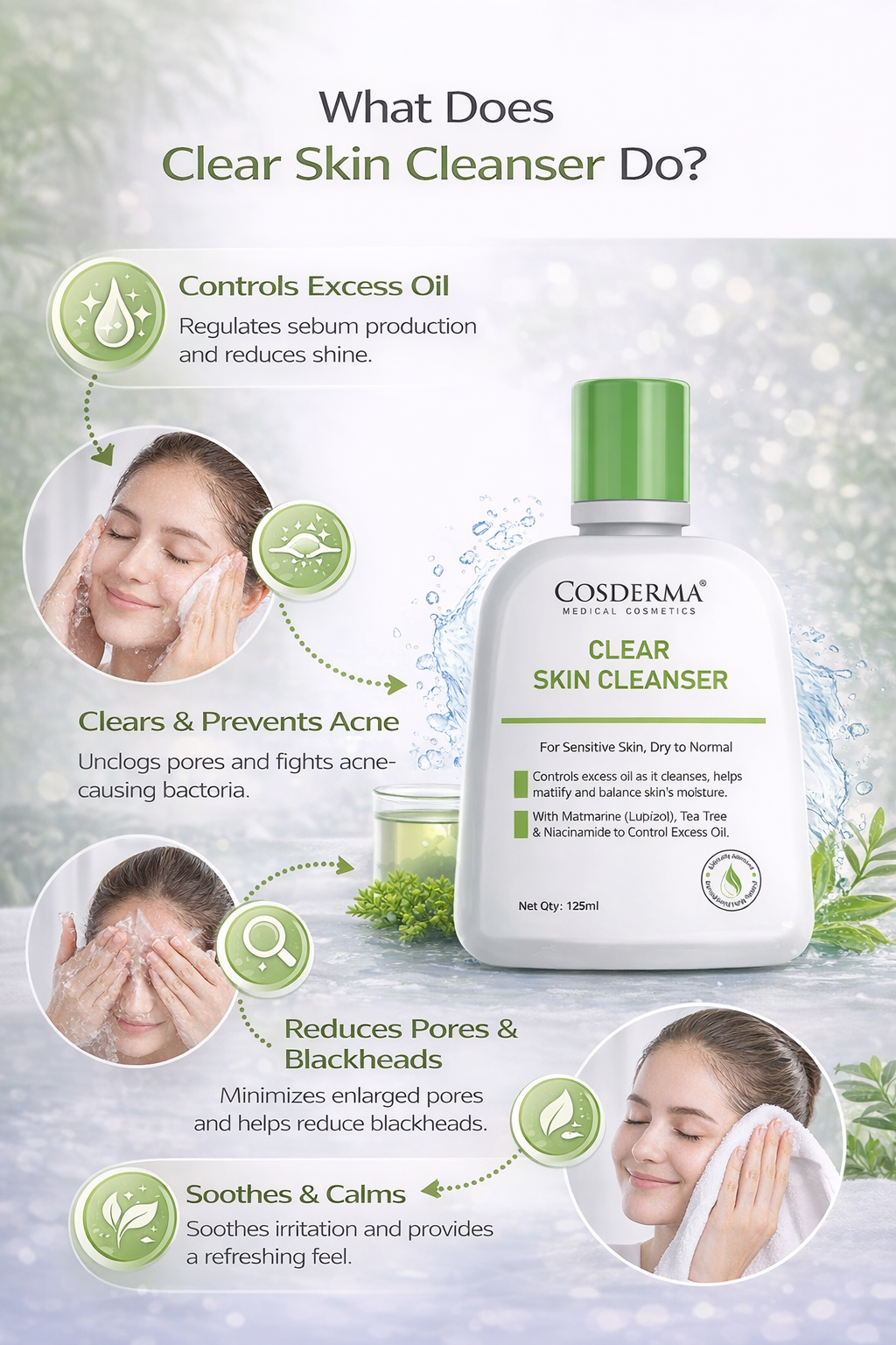 Cosderma Clear Skin Cleanser for Oily & Acne-Prone Skin – Oil Control & Mattifying Formula