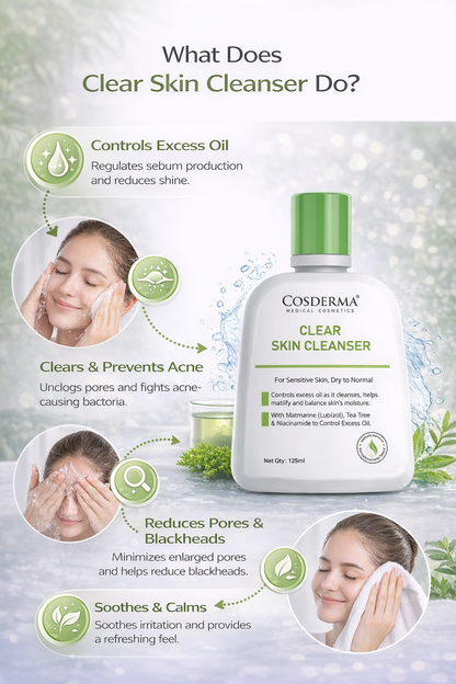Cosderma Clear Skin Cleanser for Oily & Acne-Prone Skin – Oil Control & Mattifying Formula