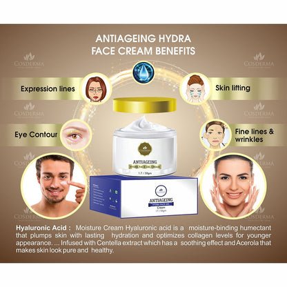 Cosderma Antiaging Hydra Face Cream - for Deep Hydration, Wrinkle Reduction, and Improved Skin Firmness