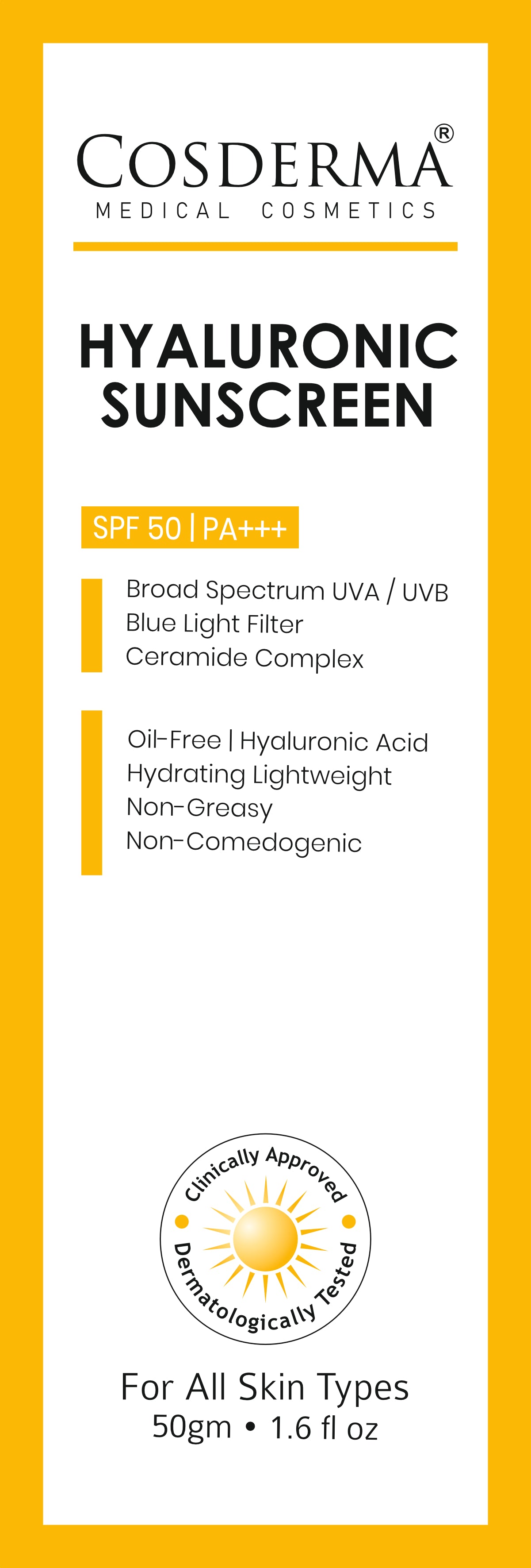 Cosderma Hyaluronic Sunscreen – Oil-Free Hydrating Broad Spectrum UV & Blue Light Protection with Ceramide Complex